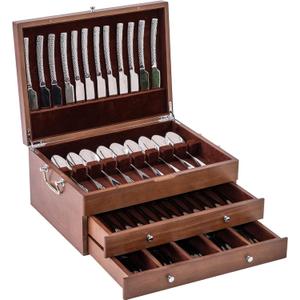 Silverware Storage Box with Lid Three-layer, Flatware Storage Case with Handle, Silverware Chest Boxes for Flatware Organizer for Silver