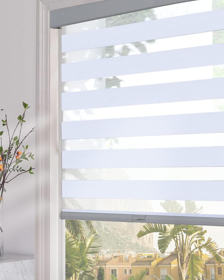 Persilux Blackout Cordless Zebra Blinds for Windows (35" W x 64" H, Light Grey) with Upgraded Cassette Free-Stop Dual Layers Sheer Roller Shades for Home and Office