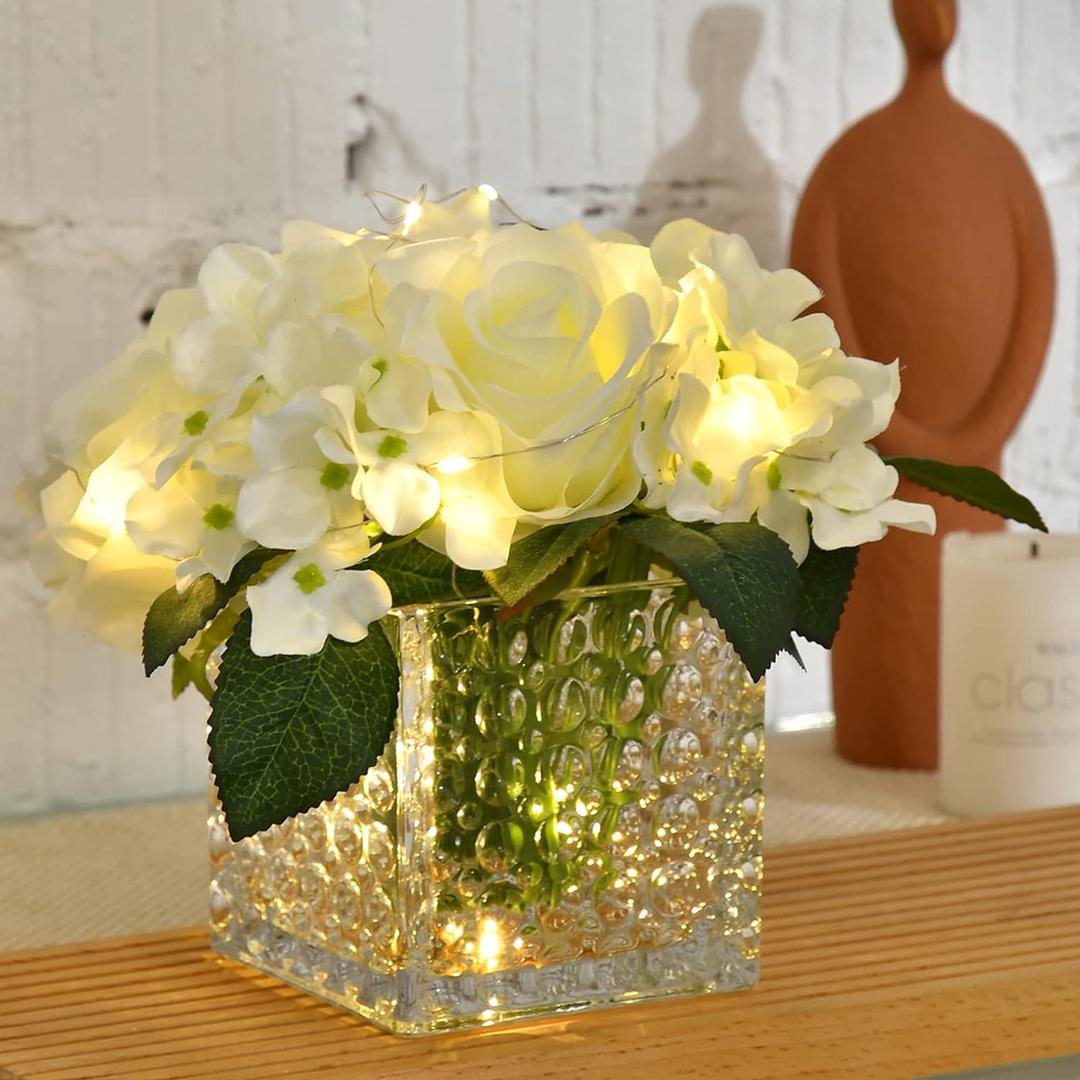 Fule Artificial Silk Rose Flower Centerpiece Arrangement in Glass Vase with LED Light for Home Wedding Decoration (White)