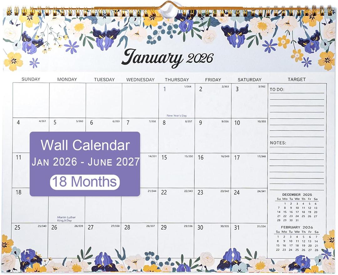 2026 Wall Calendar Flowers, Calendar 2026-2027, 18 Month, January 2026 to June 2027, Spiral Bound Hanging Calendars, 14.5" x 11.5" Large Print, Floral
