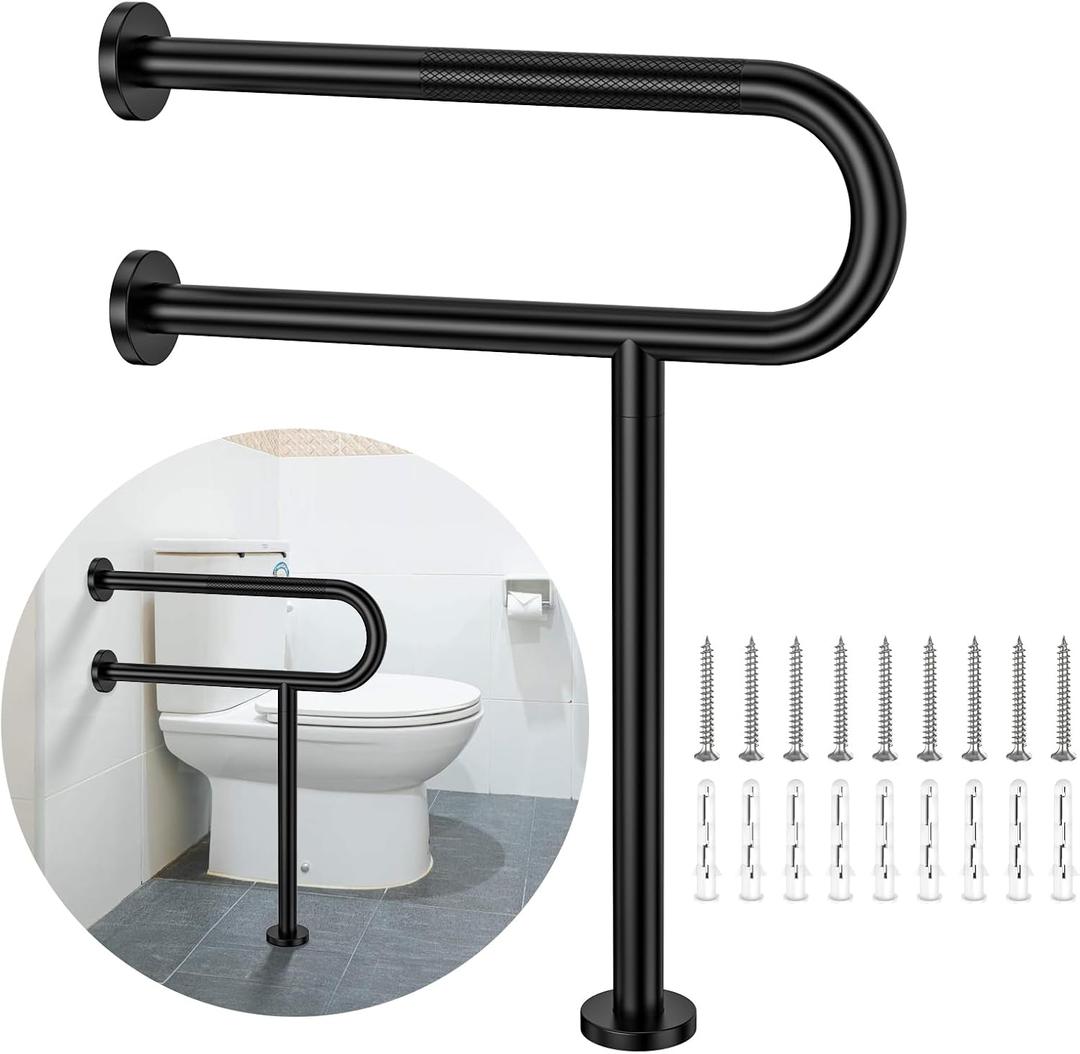 Toilet Support Rail 23.4X 28 Inch, Munzong Anti-Slip Black Handicap Grab Bar for Bathroom, Stainless Steel Knurled Safety handrails with Leg for Elderly Disabled Pregnant-1.25Tube