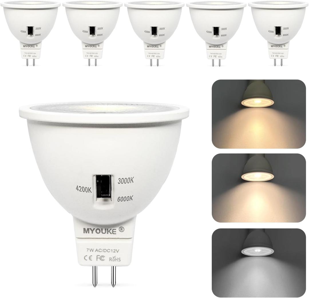 MR16 LED Bulbs, 70W Halogen Bulb Equivalent, 3 Color Selectable 3000K 4200K 6000K, 7 Watt, 650 Lumen, AC/DC 12V LED GU5.3 Bi-Pin Base Spotlight, 40 Spot Light No-Dimmable (6)