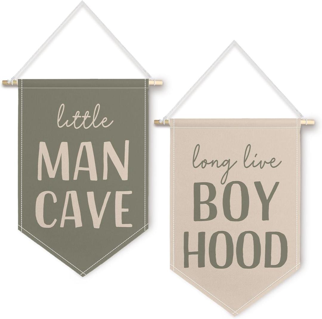 ChissNook Retro Green Boys Nursery Canvas Banner Set of 2, Little Man Cave Long Live Boyhood Hanging Pennant Banner Flags Wall Display, Nursery Wall Decor for Kids Boys Room Bedroom Playroom