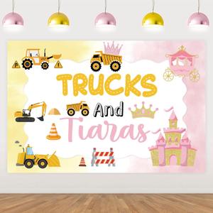 Trucks and Tiaras Birthday Party Decor: 5 * 3 ft Backdrop Banner for Twin Boy and Girl Sibling Birthday