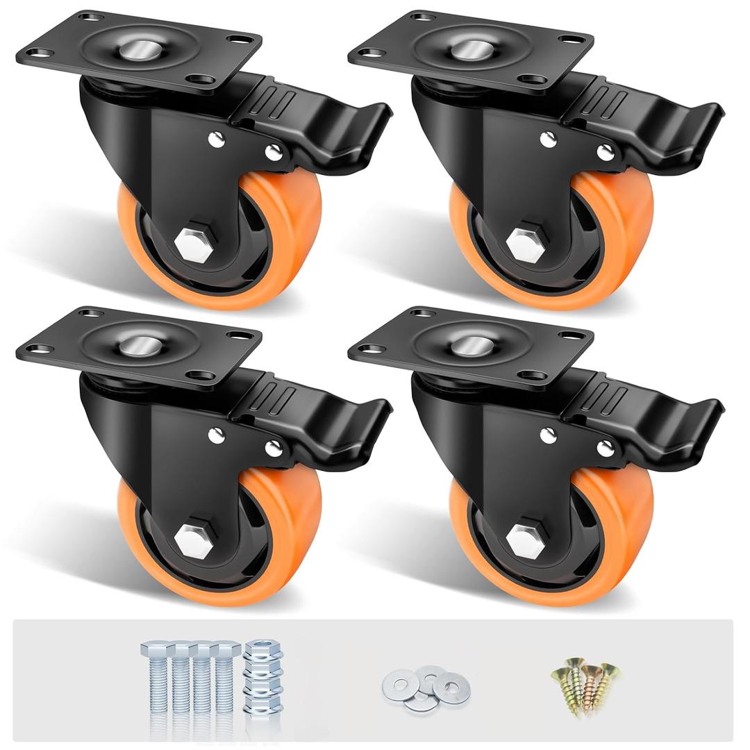 3" Caster Wheels Set of 4, Heavy Duty Casters with Brake, No Noise Locking Casters with Orange Polyurethane (PU) Wheels, Swivel Plate Castors Pack of 4