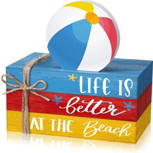 Geelin 4 Pcs Summer Beach Wooden Book Stack Signs, Life is Better at The Beach Tiered Tray Decor, Coastal Nautical Table Shelf Centerpiece for Home Kitchen Living Room House Decorations