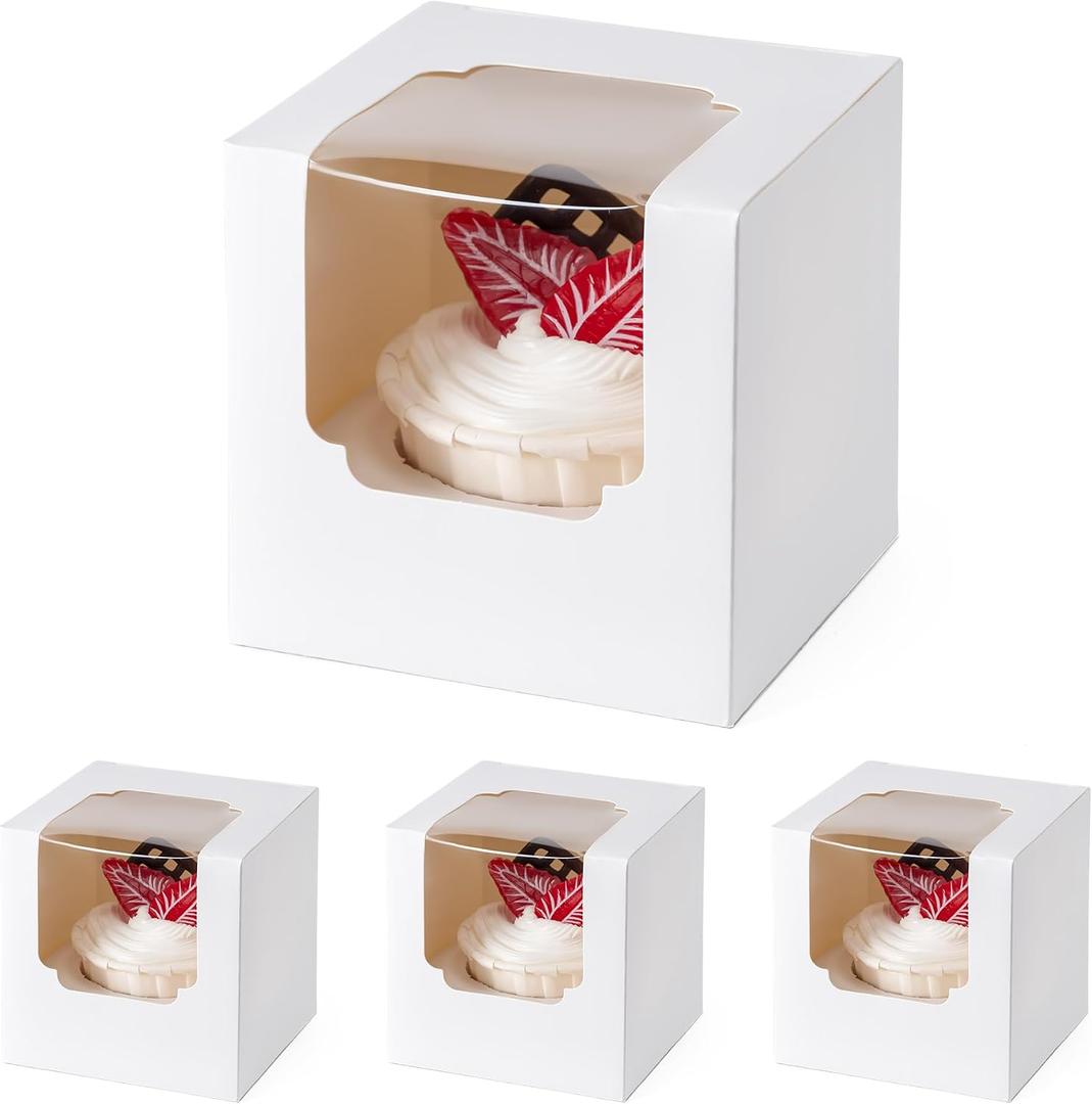 BOOMIBOO 100 Pack Individual Cupcake Containers, Cupcake Boxes with Window, Food Grade Cupcake Holders with Inserts, Stackable Deep Cupcake Carrier (White)