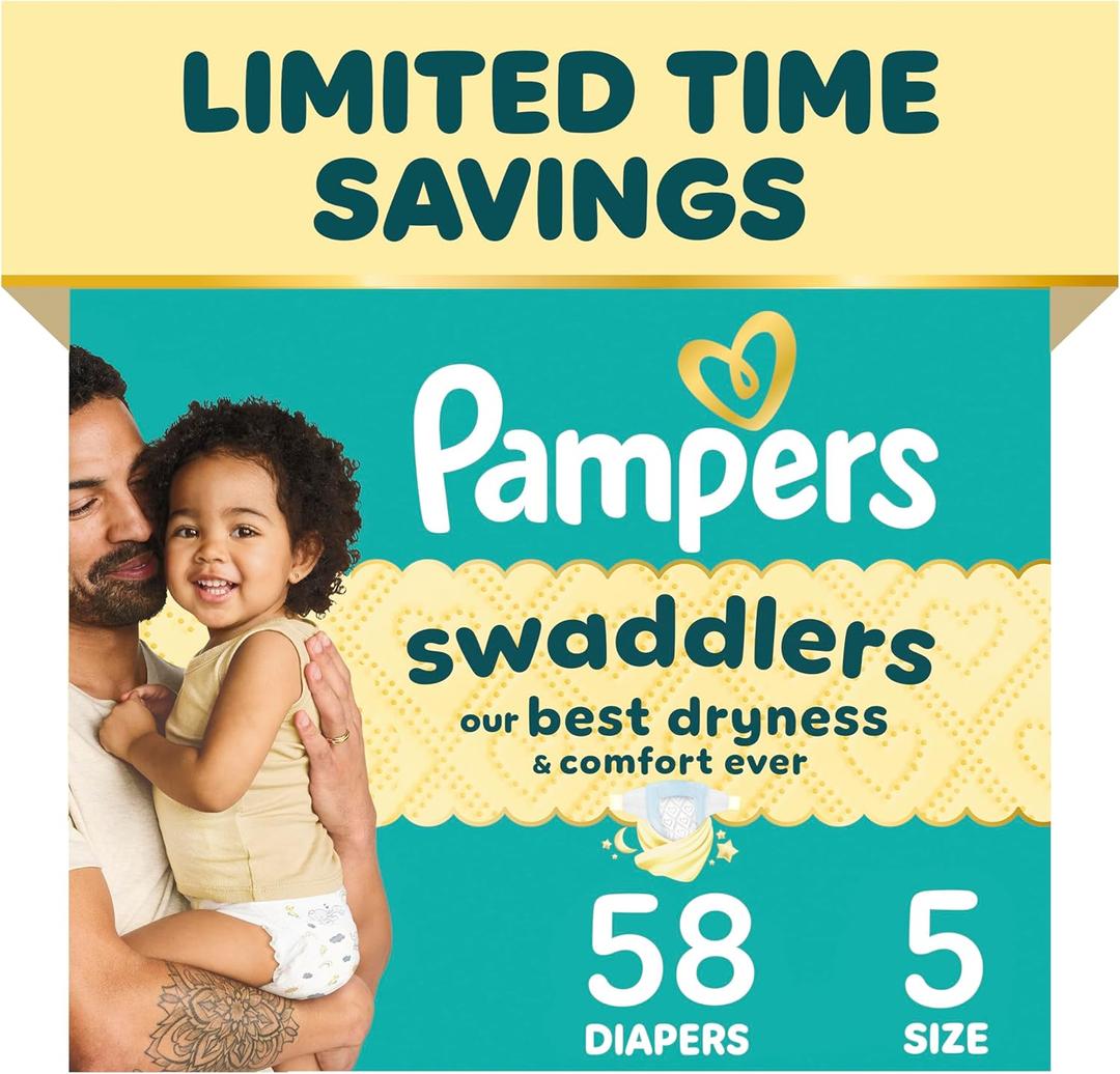 Pampers Swaddlers Diapers, Size 5 (20-37 lbs), 58 Count, Absorbent, Keeps Baby Dry and Comfortable, Skin Safe Disposable Baby Diaper