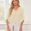 Women's 3/4 Sleeve Tops Pleated V Neck Business Casual Chffion Blouses Dressy Office Work Shirts Loose Fit Tunics (Beige, M)