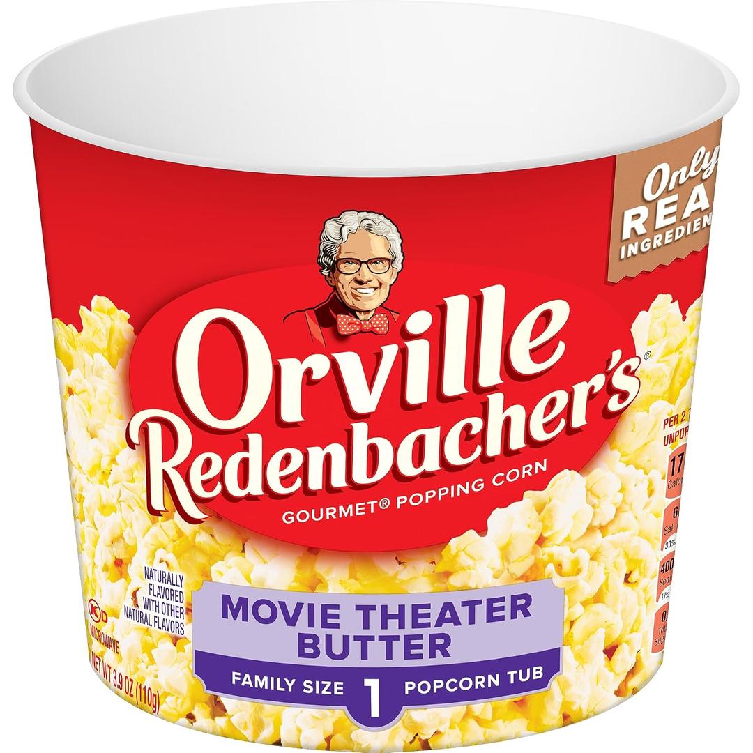 Orville Redenbachers Microwave Popcorn + Tub, Movie Theater Butter Flavor, 2g Fiber Per Serving, 3.9 oz.