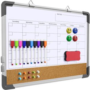 Dry Erase Calendar White Board for Wall, Polegas 17" X 13" Magnetic Whiteboard Dry Erase Cork Board Combination, Small Wall Monthly Double Sided Boards Student, Home, Office (White)