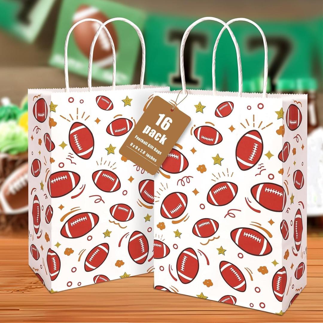 Shindel Paper Gift Bags, Football Goodie Bags with Handles, 5.5 x 2.8 x 8 Inches, Pack of 16 for Team Snack kids Birthday Party Favor Supplies (Brown+White) Shindel Paper Gift Bags, Football Goodie Bags with Handles, 5.5 x 2.8 x 8 Inches, Pack of 16 for Team Snack kids Birthday Party Favor Supplies (Brown+White)