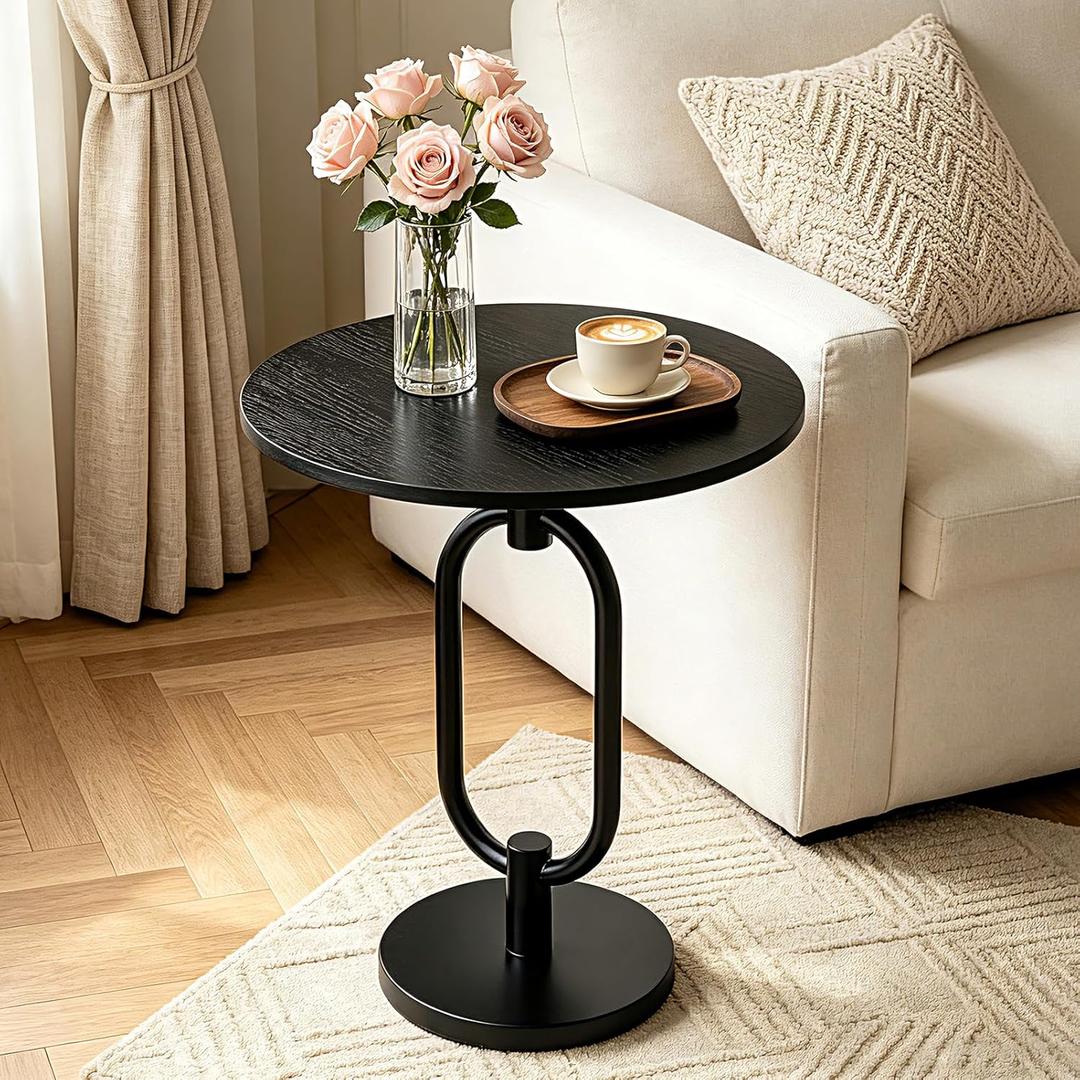 Black Round Side Table 17" x 19" Heavy Duty Metal Pedestal Matel Base Accent Table for Small Spaces Modern End Table for Living Room, Bedroom, Beside Sofa or Couch – Easy Assembly