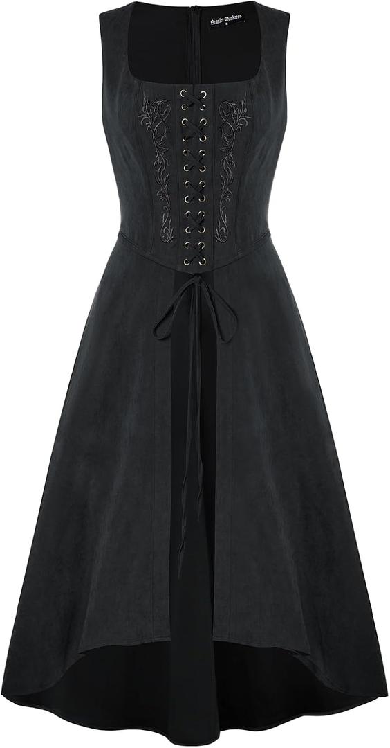 Scarlet Darkness Renaissance Dress Women Pirate Halloween Witchy Cosplay Overdress with Pockets (Small, Black)