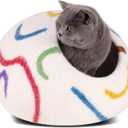MEOWFIA Cat Cave  Premium Felt Cat Bed for Indoor Cats, Handmade 100% Merino Wool (Medium, Ivory Rainbow)