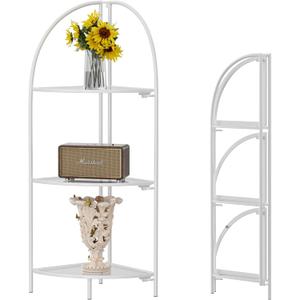 Crofy Foldable 3 Tier Corner Shelf, Metal Corner Plant Stand with White Frame and Transparent Shelves, Corner Display Rack Multipurpose Shelving Unit for Living Room, Bedroom, Bathroom