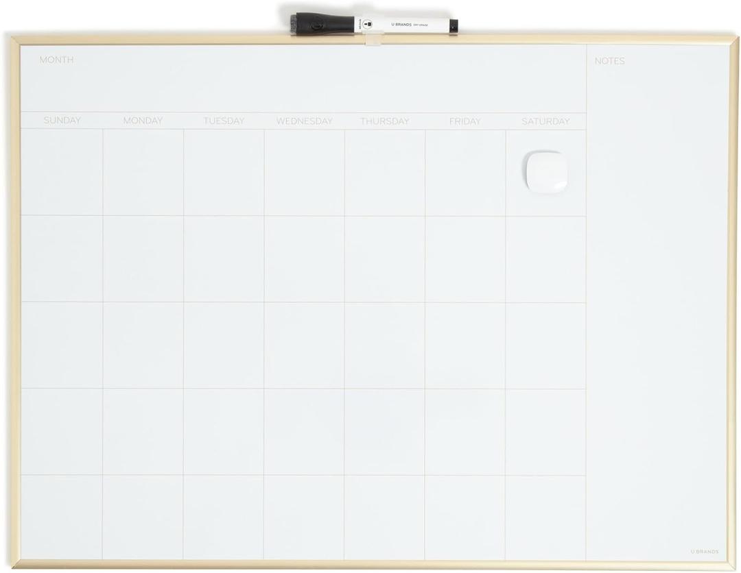 U Brands Magnetic Dry Erase Calendar White Board for Wall, 24" x 18", Dry Erase Board White Board Calendar with Gold Aluminum Frame, Includes a Magnet and a Marker