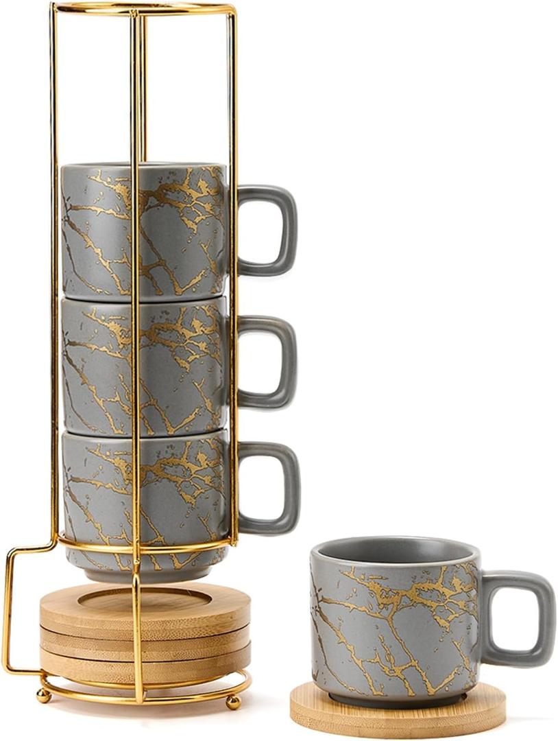 LUKA Porcelain Espresso Cup with Saucer and Metal Stand, 4 Ounce Stackable Ceramic Demitasse Espresso Mugs Cups Set for Latte, Specialty Coffee Drinks, Cafe Mocha,Tea - Set of 4, Gray