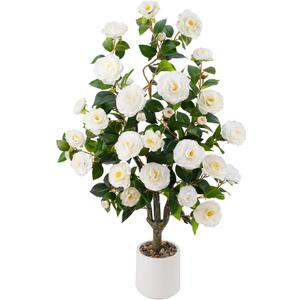 3.6FT Artificial Camellia Fake Tree Faux Plants for Home Office Living Room Porch Patio Decor Indoor Outdoor (1, White-3.6Ft)