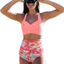 Women High Waisted Swimsuit Halter Triangle Bikini Mold Cup Swimwear Push Up Bathing Suit (Pink, L)