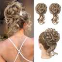 HOOJIH Messy Bun Hair Piece, 2PCS Tousled Updo with Tendrils Bun Extensions Wavy Curly Hair Wrap Ponytail Hairpieces Thick Scrunchies for Women - Dark Blonde