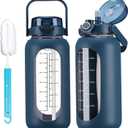42oz Glass Water Bottles with Straw Half Gallon Large Motivational Water Bottle with Time Marker Sports Water Bottles with Silicone Sleeve and Handle Lid Water Jug for Gym Workout (Dark Blue)