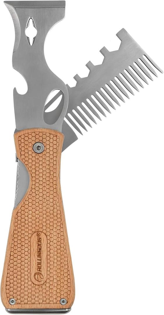ROLLINGDOG Paint Scraper Tool - Folding Painters Tool with Beech Wooden Handle Includes Roller and Brush Cleaner, Nail Puller, Putty Knife Scraper