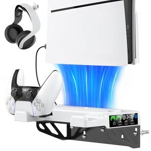 PS5/Slim/Pro Wall Mount Kit with Cooling Fan & Charging Station, PS5 Shelf Floating Mount for All PlayStation 5/Slim/Pro Disc & Digital Console, PS 5 Wall Bracket Behind TV, PS Five Pro Accessories