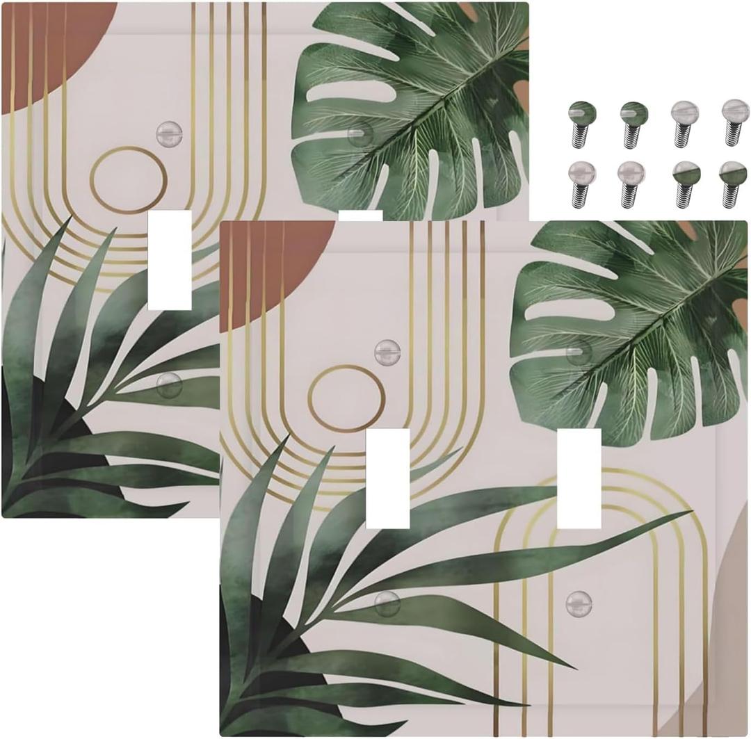 Decorative Light Switch Plate Covers Boho Mid Century Arch Green Leaves 2 Gang Light Switch Cover Plate Double Toggle Wall Plate Outlet Covers for Bedroom Home Decor2 Pack