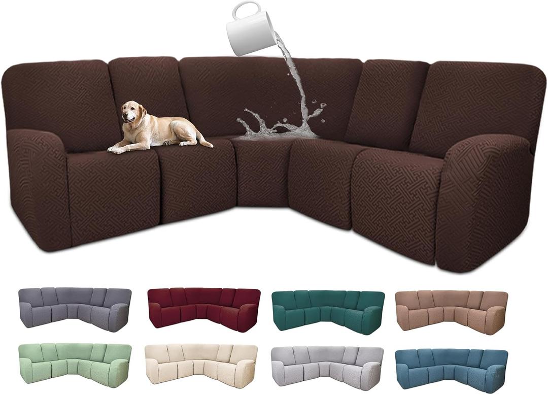 100% Waterproof Sectional Recliner Couch Covers for Reclining Couch L Shaped Corner Sectional Sofa Cover Jacquard Stretch L Shape Recliner Slipcovers (XL 5 Seater Cover, Dark Brown)
