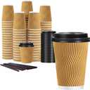 Lamosi 12 oz Disposable Coffee Cups with Lids, 50 Pack Insulated Hot Cups To Go Paper Coffee Cups with Lids and Straws, Corrugated Ripple Wall Cup for Hot Drink, Office, Coffee Bar (Champagne)