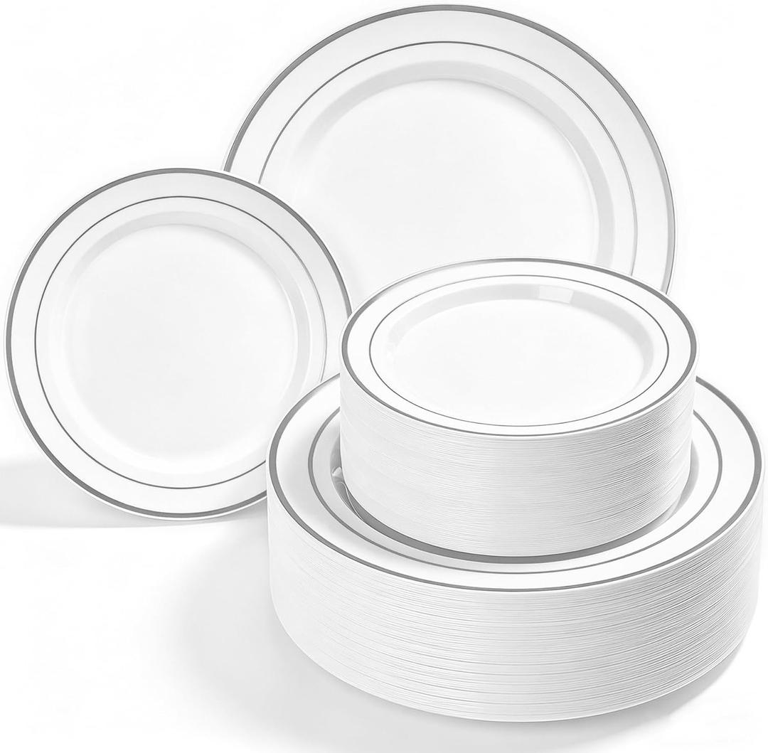 HOMIP 200PCS White and Silver Plastic Plates, Disposable Party Plates with 100 Dinner Plates 10" and 100 Dessert Plates 7", Plastic Plates for Party, Wedding and Birthday