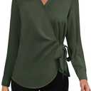 Women Satin Silk Blouse Wrap Tie Knot Front V Neck Long Sleeve Shirt Casual Office Work Tunic Pullover Top (S)