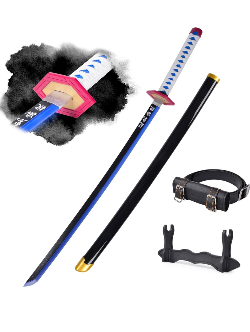 WERKON Light Up Giyu Sword - 40-Inch Plastic with Battery - Full Kit with Sword Stand and Belt- Anime Sword with Authentic Design