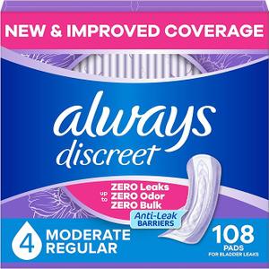 Always Discreet Adult Incontinence Pads for Women, Drier, 4 Drop Regular Length, Moderate Absorbency, Pads for Bladder Control Management, Bladder Leaks, & Postpartum Pads, 108ct
