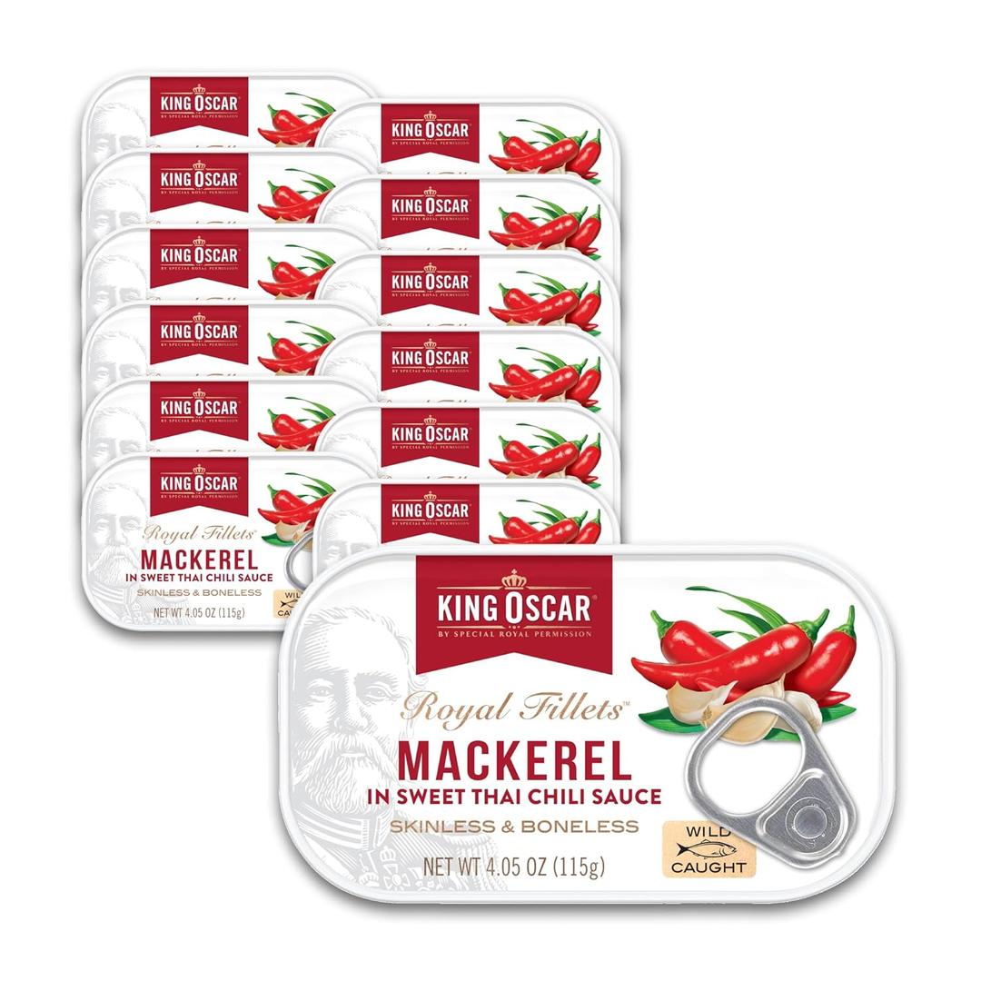 King Oscar Mackerel in Sweet Thai Chili Sauce, 4.05 Ounce Can (Pack of 12), Skinless & Boneless, Wild Caught Canned Mackerel Best By 12/04/2028