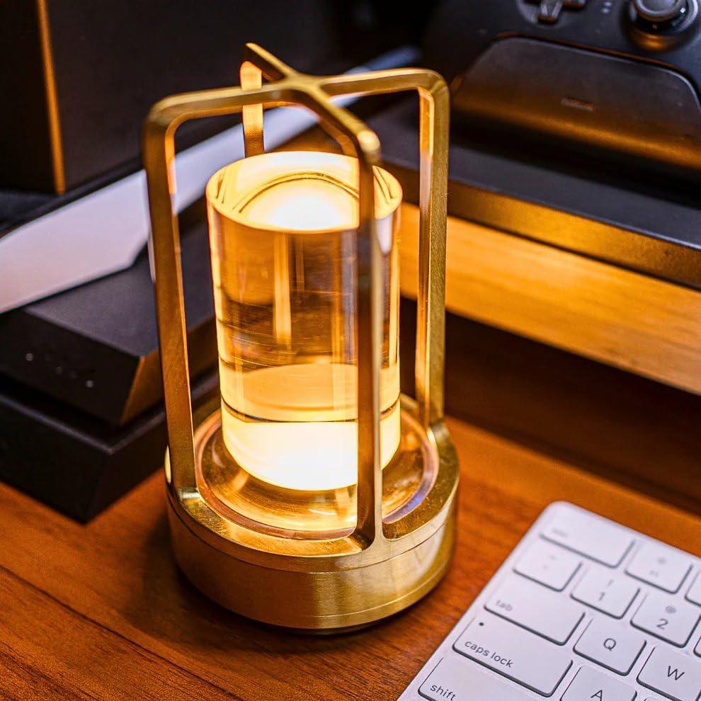 Klarako Crystal Lantern Lamp  Modern Cordless Rechargeable Bedside & Outdoor Light, Portable Wireless Lamp  Dimmable Touch Control  Luxury Living Room & Hotel-Style Lighting (Gold, 1-Pack)