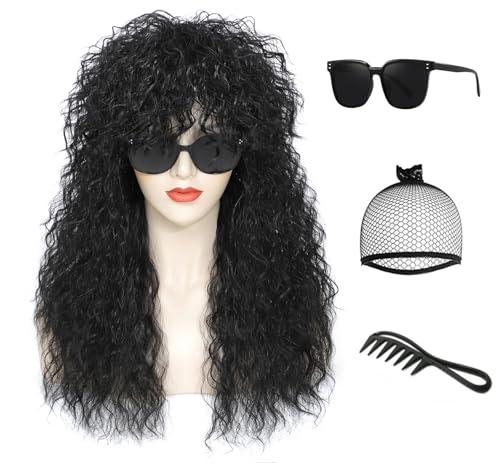 Adequate Women’s 80s Rocker Mullet Wig Halloween Costume Wig Long Curly Black Party Funny Wig (Black)