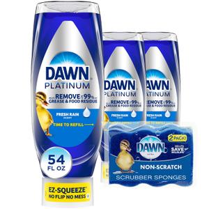 Dawn Dish Soap Squeeze Bottle, EZ-Squeeze Platinum Dish Soap Liquid+Non-Scratch Sponges for Dishes, Fresh Rain, Includes 3x18oz Bottles+ 2Sponges Dawn Dish Soap Squeeze Bottle, EZ-Squeeze Platinum Dish Soap Liquid+Non-Scratch Sponges for Dishes, Fresh Rain, Includes 3x18oz Bottles+ 2Sponges
