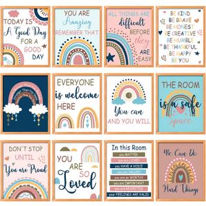 Nezyo 12 Pcs Rainbow Classroom Decor Boho Poster Elementary Bulletin Board Decorations Welcome Sign Inspirational Wall Art Motivational Poster for Classroom Nursery Decor, 11 x 14 Inch(Elegant Color)