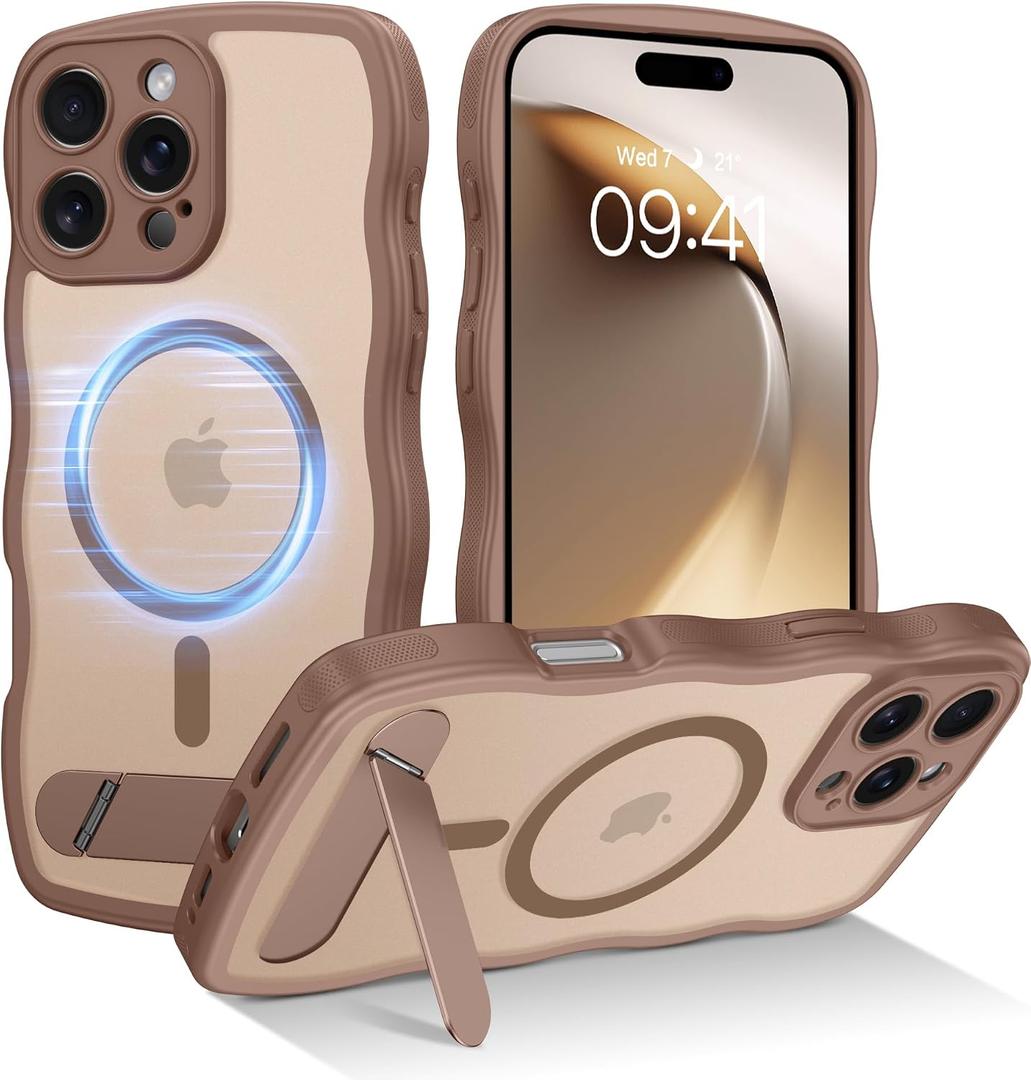 GUAGUA Magnetic for iPhone 16 Pro Max Case with Stand, Cute Wavy Shape Design Shockproof Magnetic Case with Foldable Invisible Stand Compatible with MagSafe for 16 Pro Max 6.9'', Desert Titanium