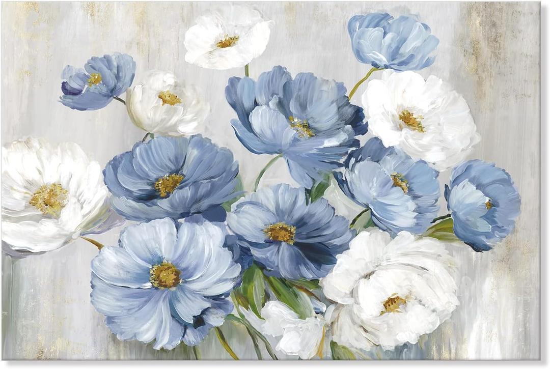 Goldfoilart Blue Flower Picture Wall Decor White Floral Wall Art for Living Room Canvas Modern Bathroom Paintings Large Framed Artwork Prints for Bedroom Bathroom Office 36" x 24"