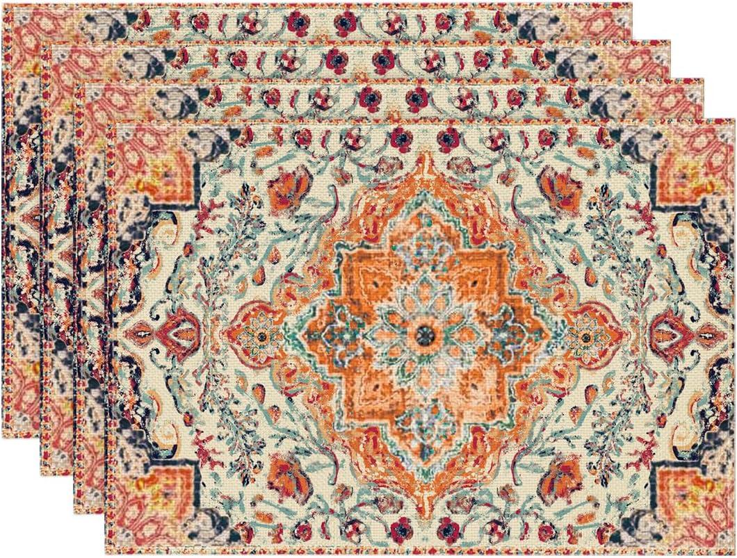 Artoid Mode Boho Placemats Set of 4, Daily Orange Teal Flowes Bohemia Table Mats for Home Party Dining Decoration 12x18 Inch, 12" X 18", Rectangular 4 Pcs