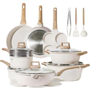 21pcs Pots and Pans Set, Nonstick Cookware Sets, with Egg Pan Induction Kitchen Cooking Set, Durable, Easy Food Release, Fast & Even Heating, with Frying Pan, Cream White
