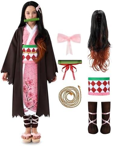Spooktacular Creations Halloween Ninja Costumes for Kids, Girls Kimono Set with Wig, Toddlers Pink Anime Outfit Medium