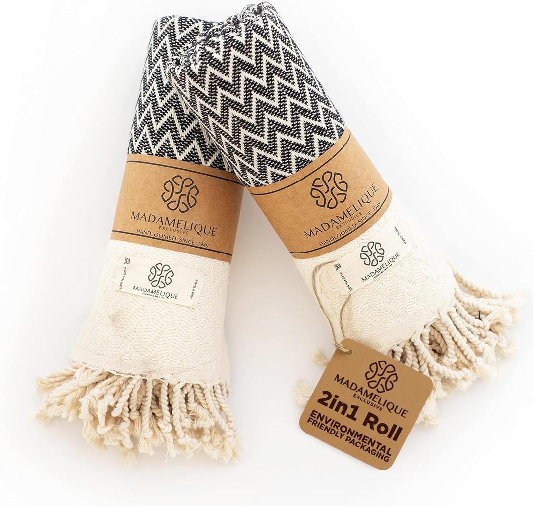 Madamelique Exclusive Hand Towels Set of 2-18 x 40 Inches - Decorative Bathroom Peshtemal Towel for Hand, Face, Hair, Yoga, Tea, Dishcloth, Kitchen and Bath - 100% Pure Cotton (Black)