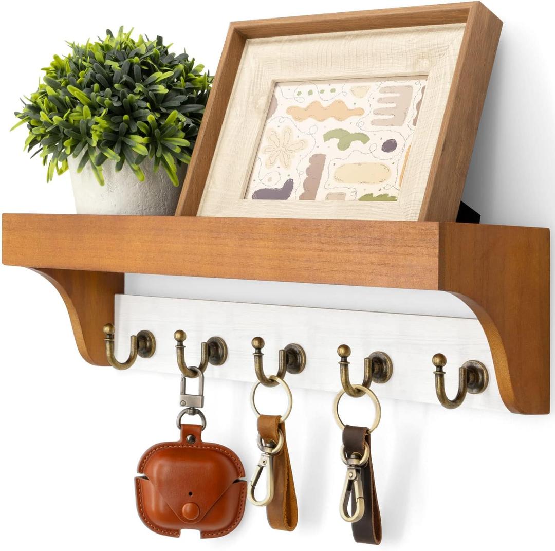 Rebee Vision Key and Mail Holder for Wall with Floating Shelf : 14 Inches Decorative Hanging Organizer with 5 Sturdy Keys Hooks and Wall Mount Key Rack - Farmhouse Entryway Decor (Light Brown & White)