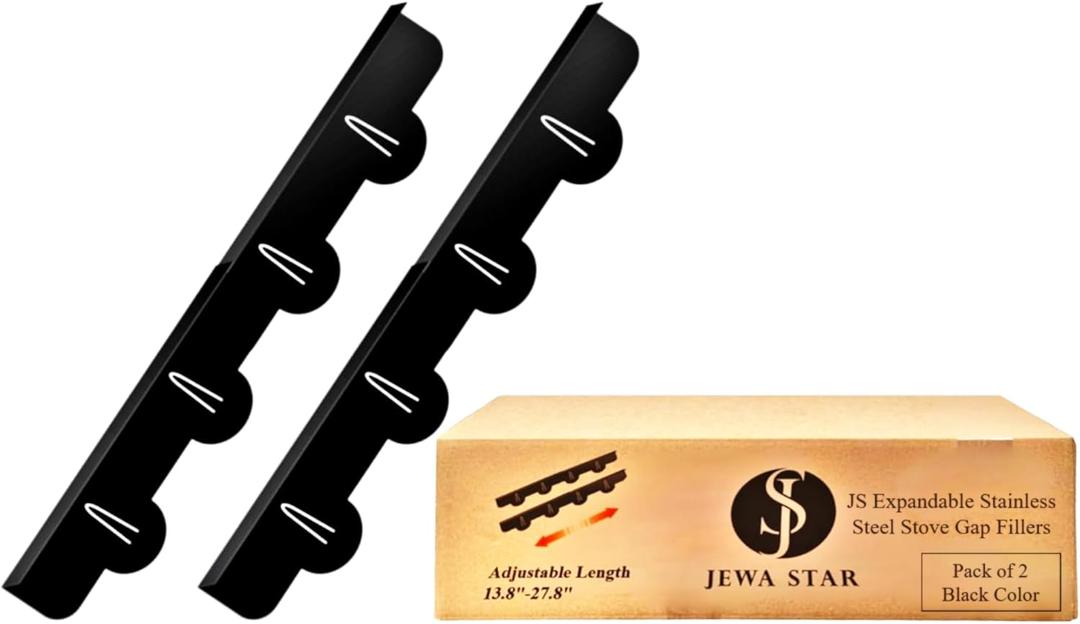 JS Stove Gap Covers Stainless Steel (2 Pack)- Adjustable Stove Gap Filler Ranges(13.8-27.8)- Kitchen Stove Counter Gap Cover- Side Oven Gap filler- Versatile Stove Gap Guards- Flameproof & Easy Wipe (Black)