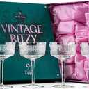 GLASSIQUE CADEAU Vintage Ritzy Cocktail and Champagne Coupe Glasses | Set of 4 | 7 oz Crystal Long Stemmed Glassware for Drinking Martini, Cosmopolitan, Manhattan | Retro Saucers