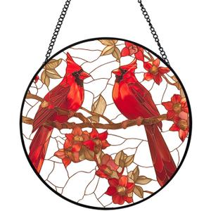 Stained Glass Style Cardinal Suncatcher, 7.87 Inch (20cm) Round Real Glass Window Hanging with Gift Box and Chain, Bird Decor Gift